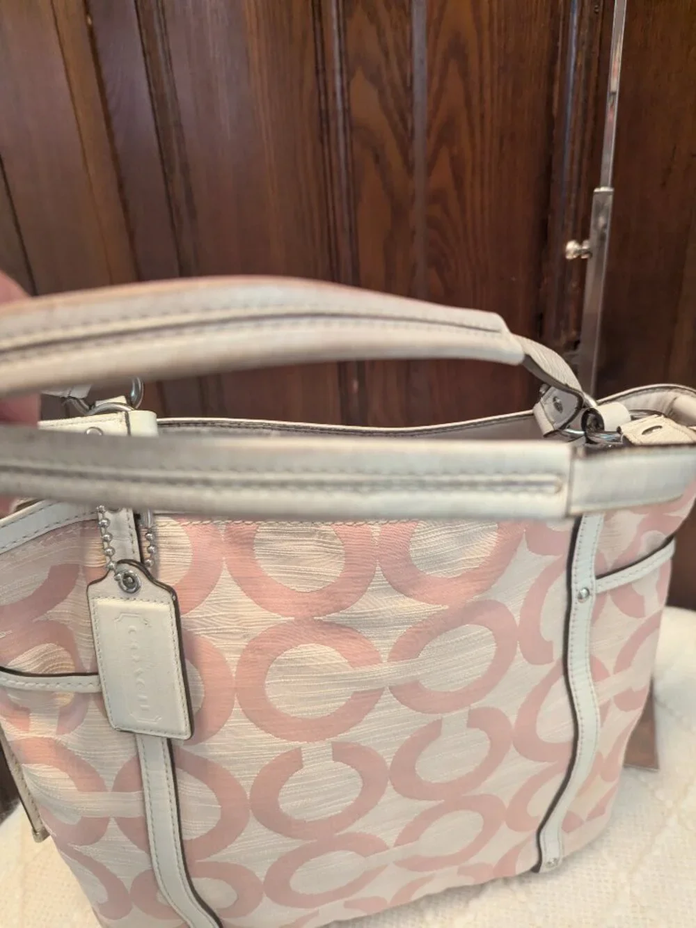 Coach Audrey Op Art Shantung Signature Pink & White Tote Crossbody 19572